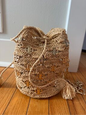 Paco Rabanne Beige Woven Bucket Crossbody with Gold Accents
